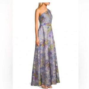 NWT! Aidan Mattox One-Shoulder Jacquard Gown Purple Multi